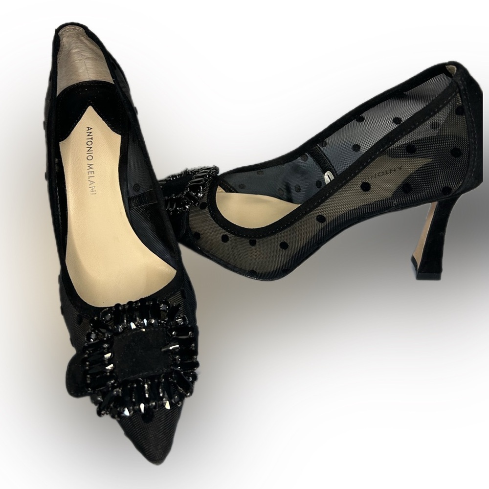 ANTONIO MELANI Black Polka Dot Mesh Heels